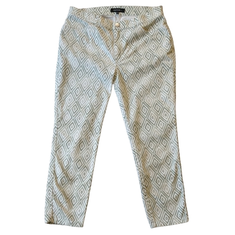 Lafayette 148 White Green Diamond Geometric Pattern Cropped Casual Pants Modern